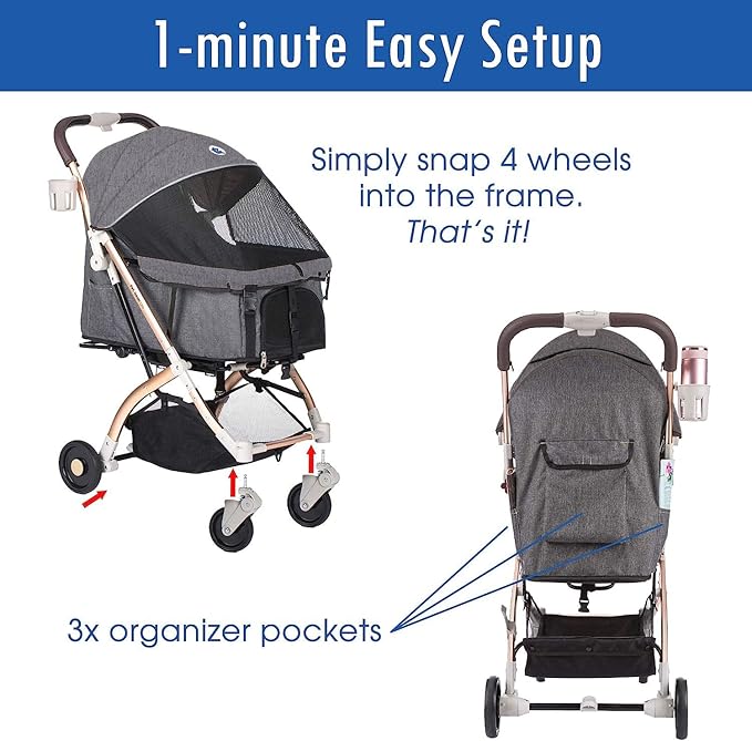 HPZ-PR America Pet Rover Lite Premium Light-Weight Dog/Cat/Pet Stroller Travel Carriage with Convertible Compartment/Aluminum Frame for Small & Medium Pets (Gray 2nd-Gen.)