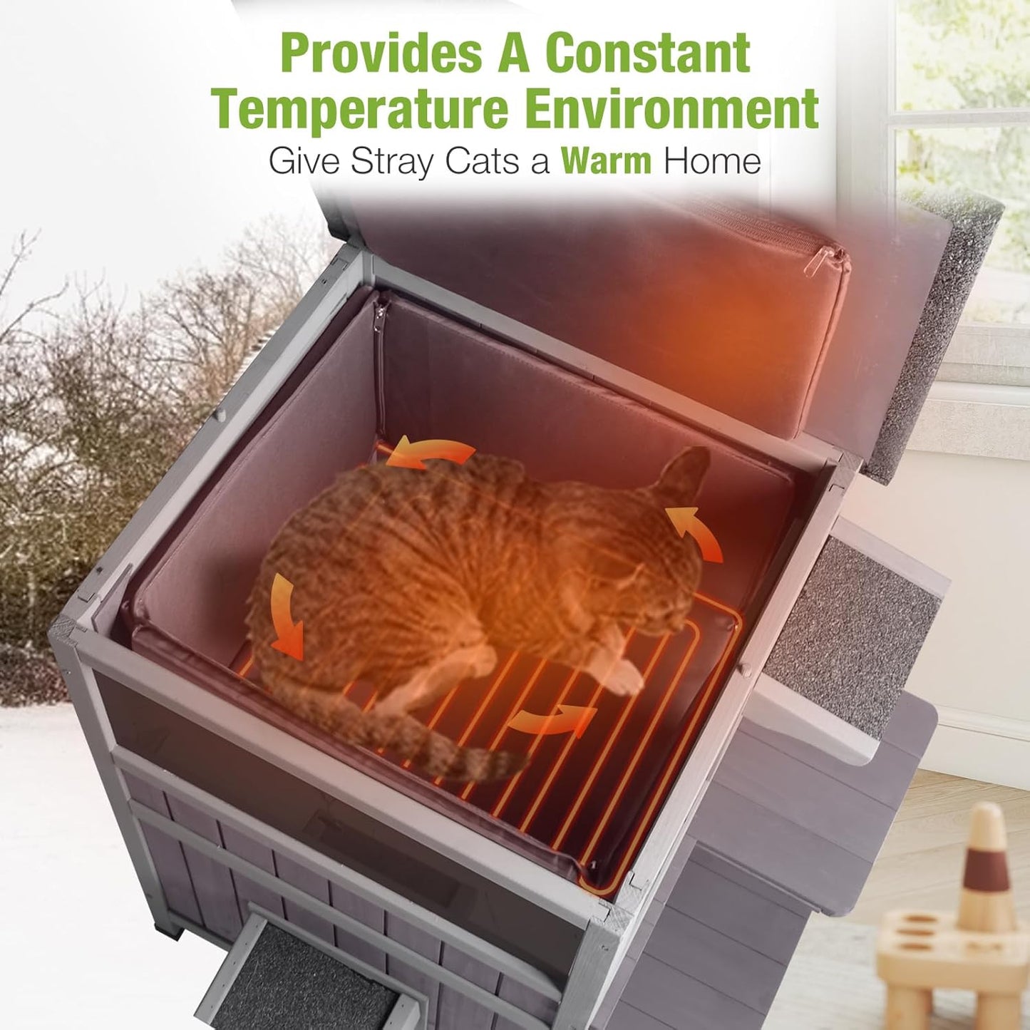 GUTINNEEN Outdoor Heated Cat House for Winter, Weatherproof Wooden Feral Cat Shelter with Escape Door, Heating Pad & Removable Mat(AIR14-Heated)