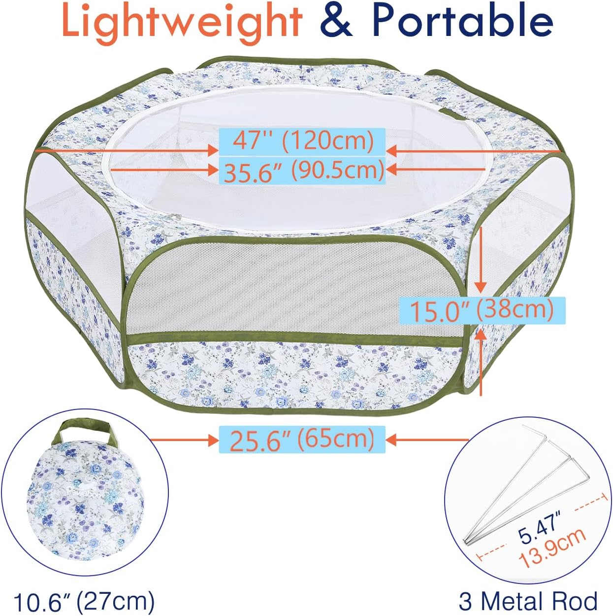 Pawaboo Small Animals Playpen, Waterproof Small Pet Cage Tent with Zippered Cover, Portable Outdoor Yard Fence with 3 Metal Rod for Chick/Kitten/Puppy/Guinea Pig/Rabbits/Hamster, Blue + White Flower