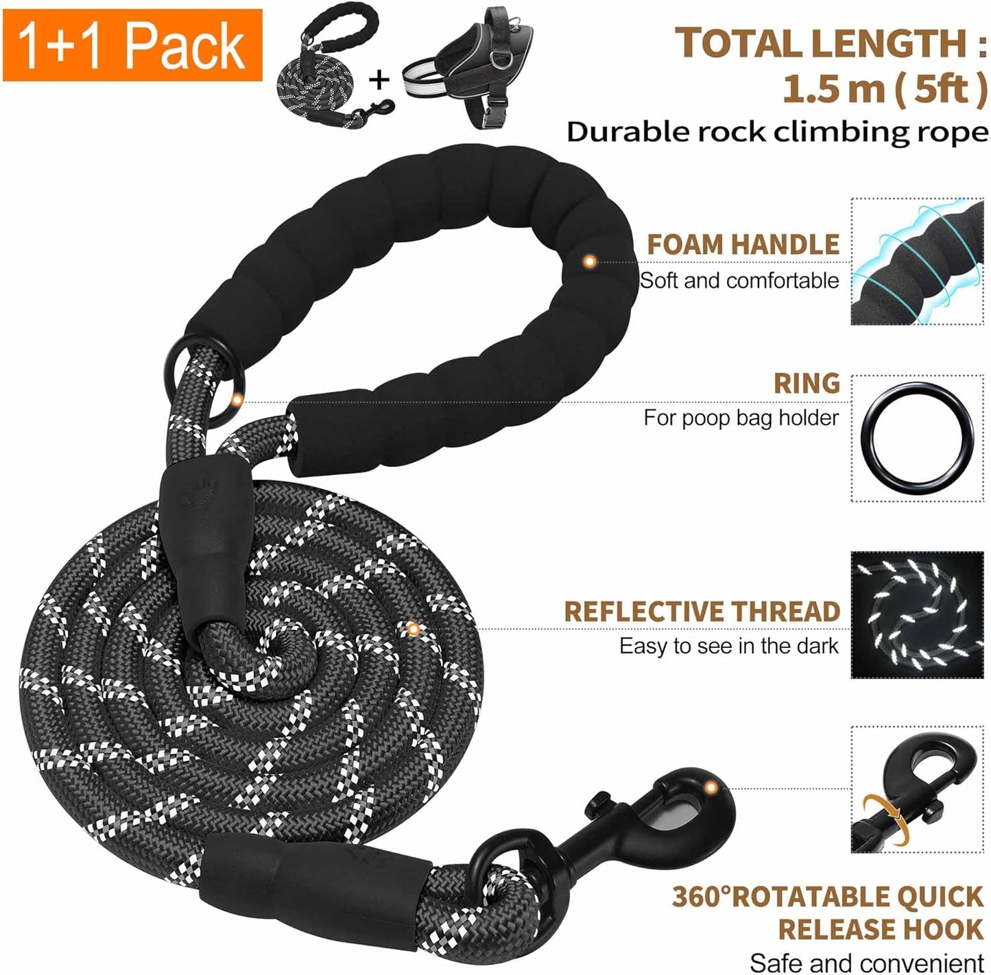 Haapaw Essential Dog Harness, No Pull Pet Vest with 3 Leash Clips, No Choke, Reflective, Adjustable and Padded, for Easy Walking and Training for Large Dogs(XL, Black)