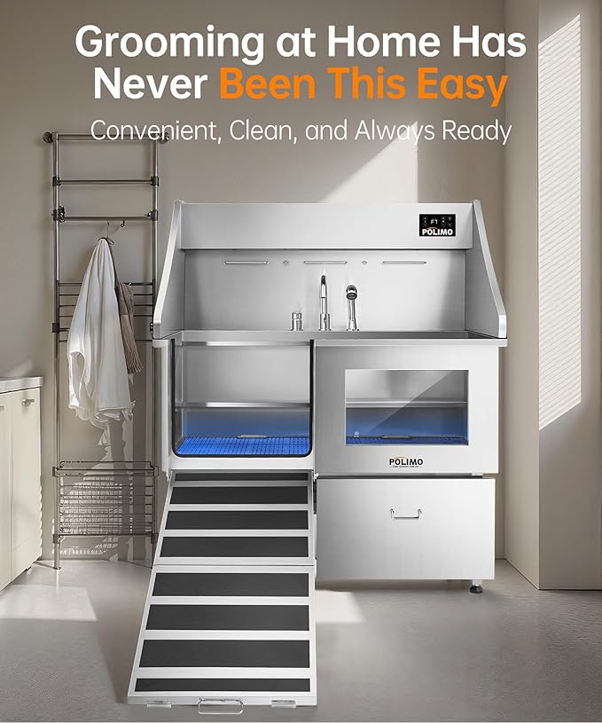 polimo Dog Wash Station with Pet Dryer & LED, Professional Dog Bathing Station for Large, Medium & Small Dogs โ with Window, Ramp, Drawer, Floor Grate, LED Display & Faucet (Left RAMP & Dryer, 50")