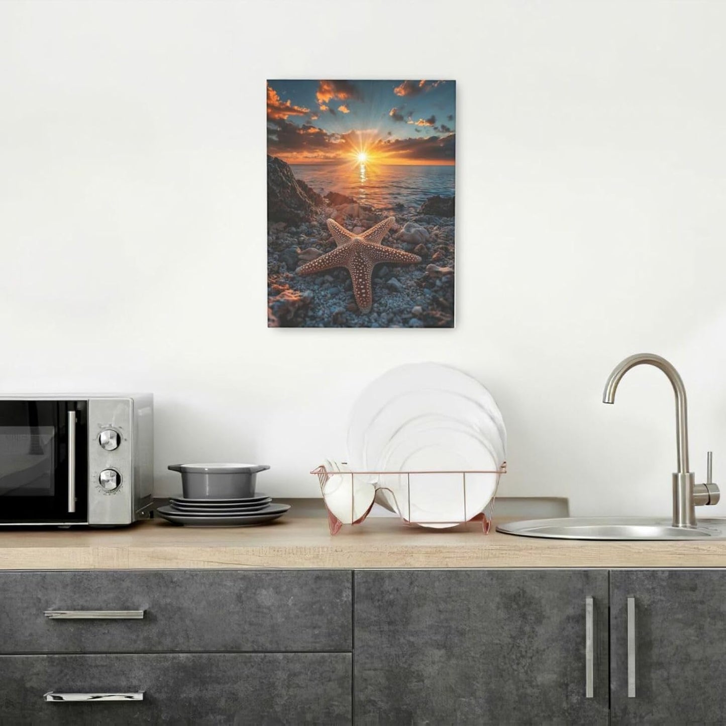 Beach Starfish Wall Decor Ocean Starfish Wall Art Sunset Scenery Coastal Theme Pictures Canvas Nature Seascape Painting Print Framed Artwork Decorations for Home Bathroom Living Room Bedroom Office 12"x16"