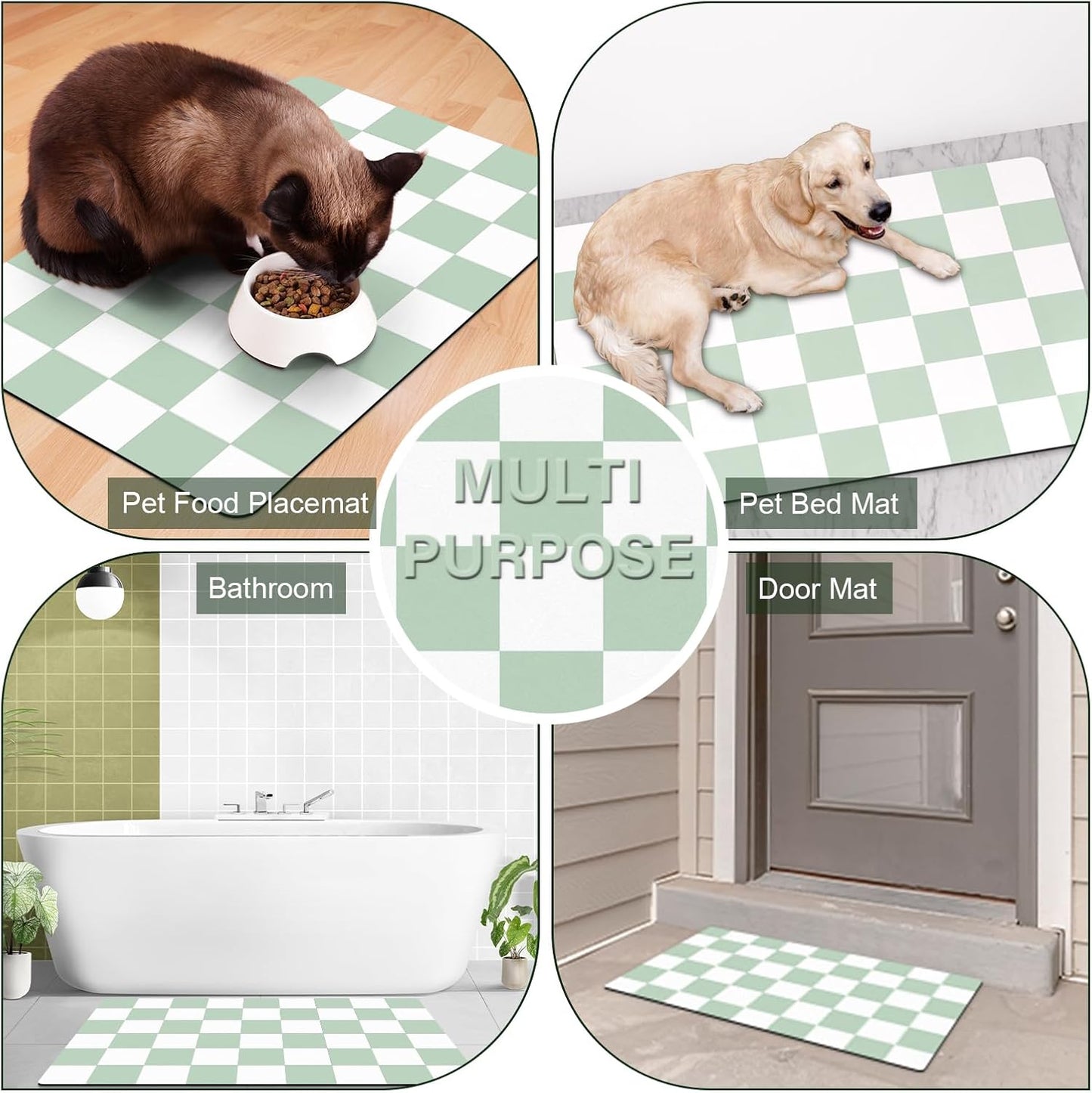 Checkered Dog Cat Feeding Mat, 17'' x 28'' Large Dog Food Mats, Absorbent Pet Feeding Mat for Food and Water Bowl, Dispenser, Checkerboard Pet Placemat with Rubber Backing, Green & White