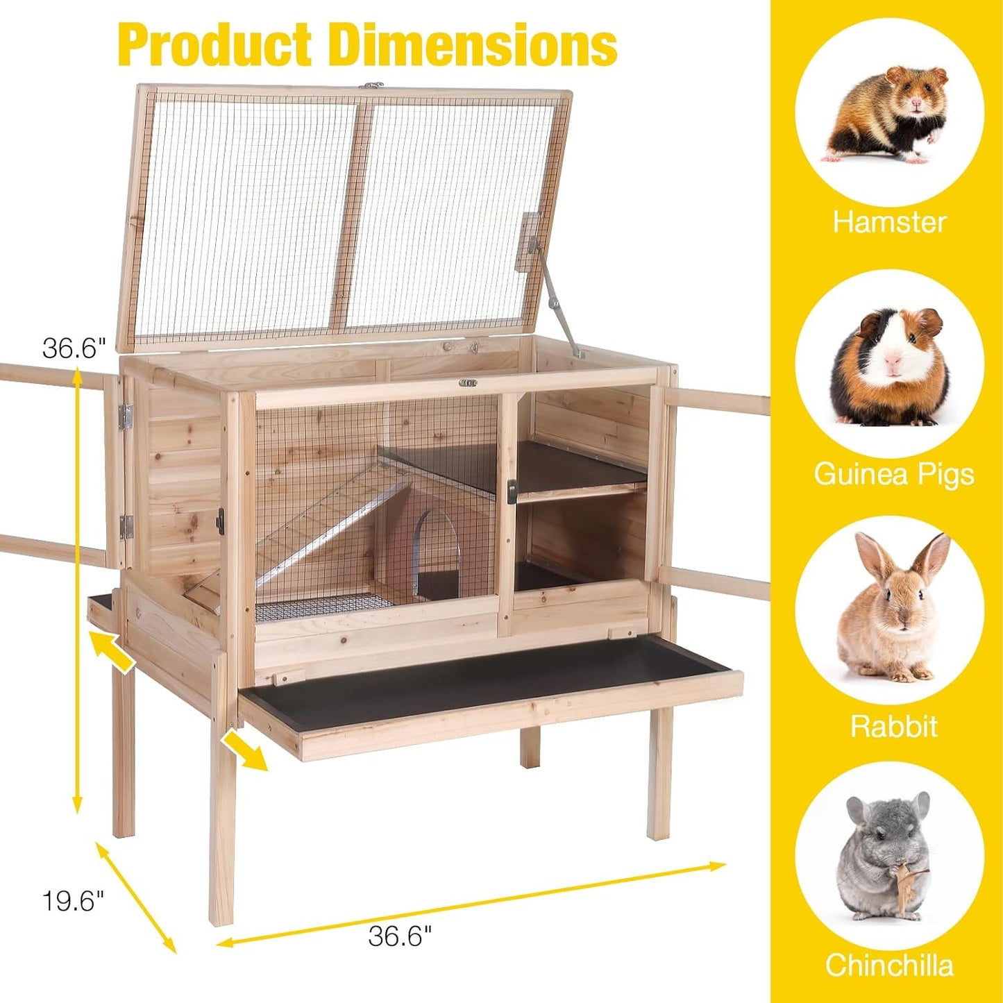 AIVITUVIN Wooden Guinea Pig Cage Indoor with Cooling Plate and Anti-Chewing Edges Two-Story Rabbit Hutch Pull Out Tray Outdoor Rabbit Cage with Raised Stand and Wire Mesh Small Animals Cage (Nature