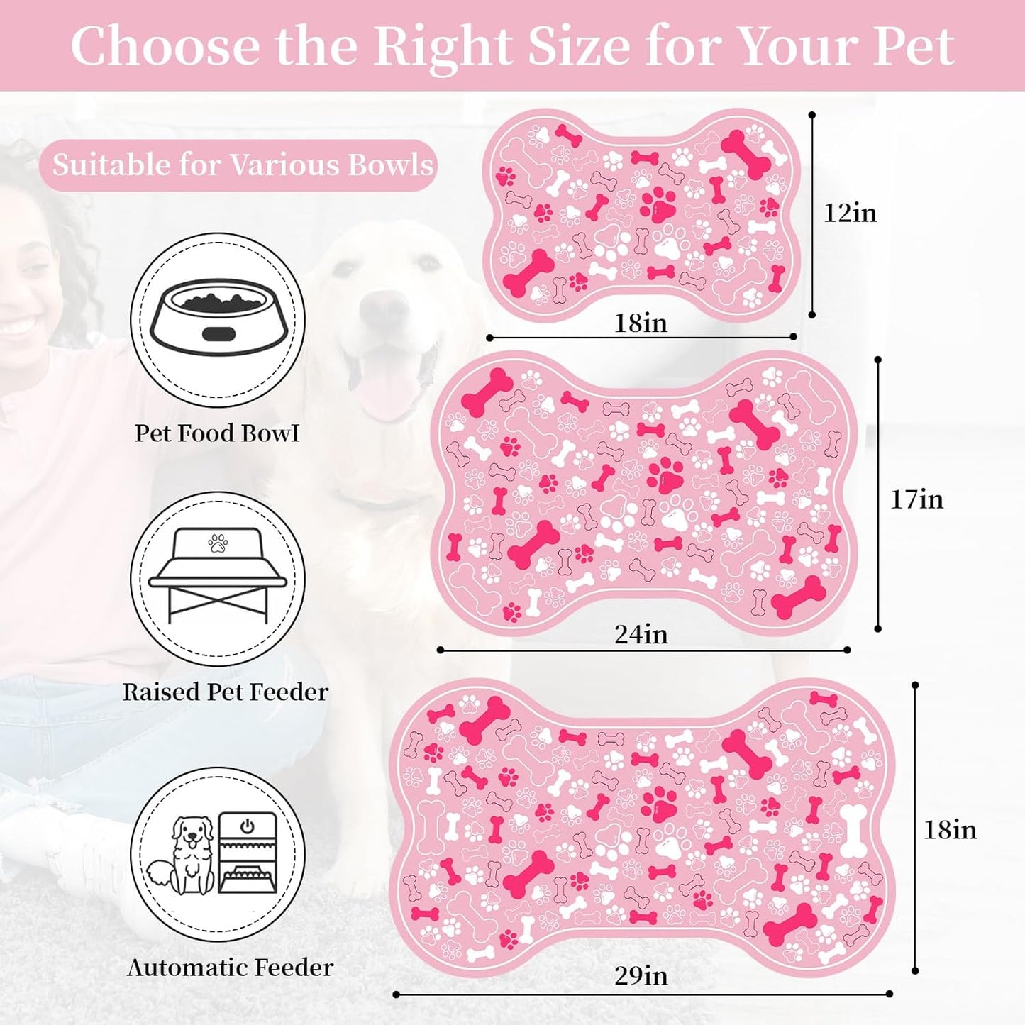 Dog & Cat Food Mat Bone Shaped Pet Feeding Mat Quick Absorb Water Bowl Placemat with Rubber Backing Indoor Floor Stain Resistant Pet Accessory Supplies (Light Pink, 17x29 Inches)