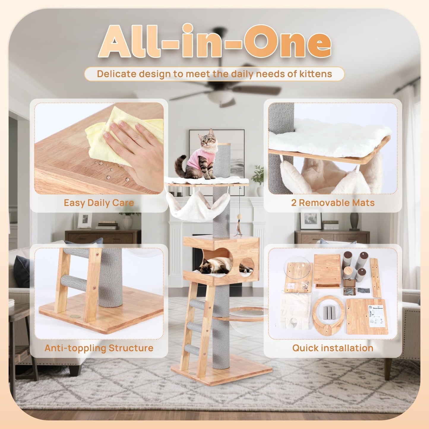 63-inch Modern Cat Tree, Luxury Cat Tower with Scratching Post, Unique Cat Condo with Hammock, Heavy Duty Kitty Climbing Tree for Indoor Cat, Wooden Kitty House for Small Medium Large Cats