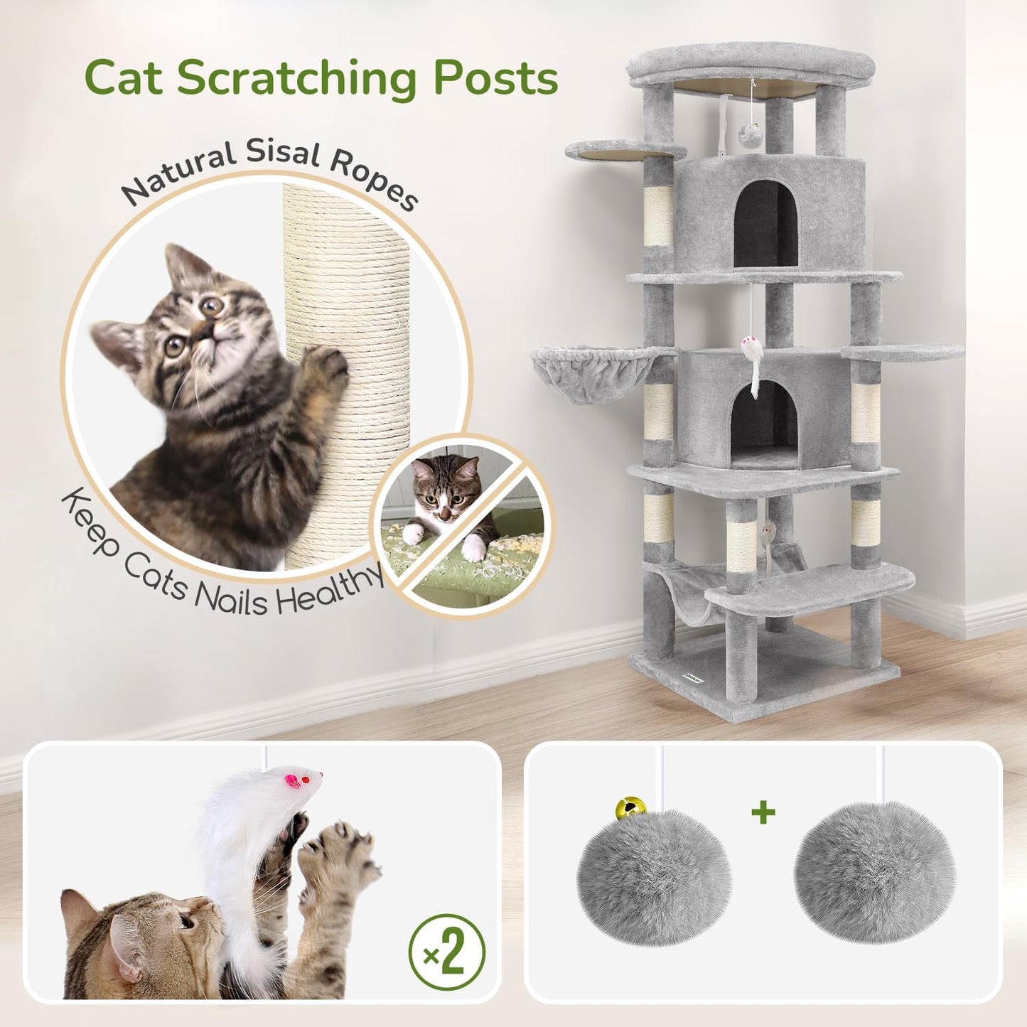Globlazer Corner Cat Tree for Large Cats, 66inch Tall Curved Series Large Cat Tower for Multiple Indoor Cats with 6 Scratching Posts, 2 Spacious Cat Condos, Hammock, Hanging Basket, C66, Light Grey