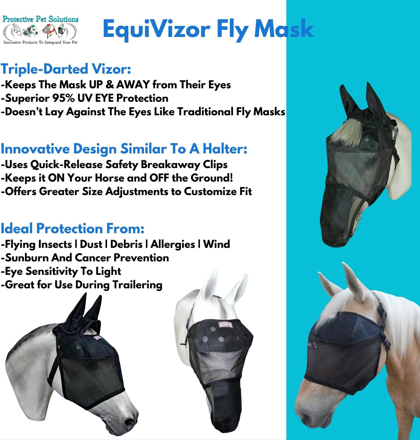EquiVizor 95% UV Eye Protection (COB) Standard Horse Fly Mask - Help with Uveitis, Corneal Ulcer, Light Sensitivity. Designed to Stay On Your Horse, Off The Ground.