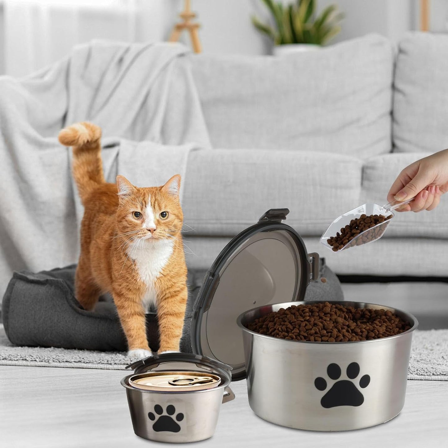 2Pack Cat Food Container, Reusable Can Cat Food Storage Container with Airtight Lid,Stainless Steel Pet Food Storage Containers,2 Cat Food Spoons for Dog Food Storing,Keep Canned Cats Food Fresh