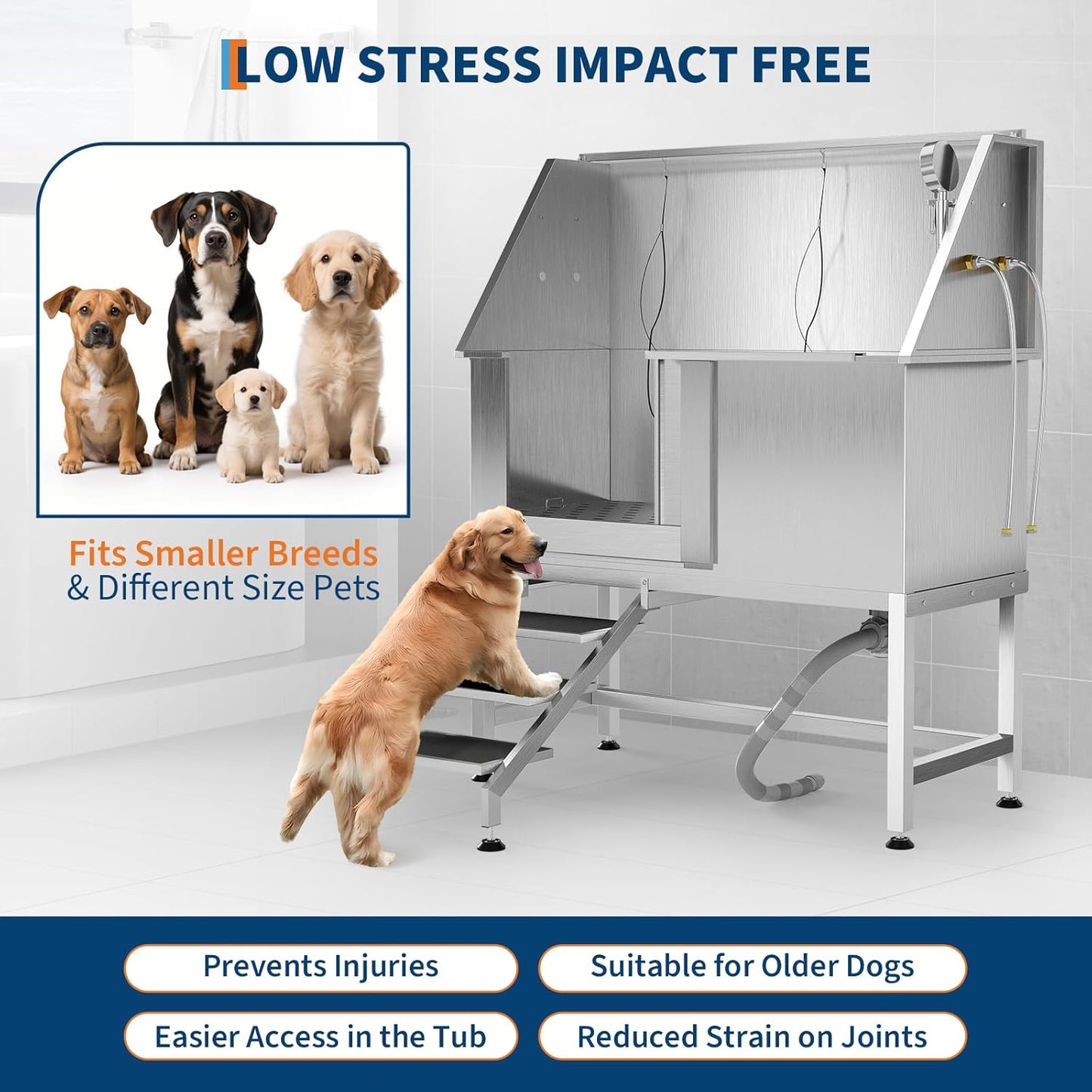 50" Stainless Steel Professional Dog Washing Station - Pet Bathing Tub w/Non-Slip Stairs | Slip-Resistant Floor Grate | for Large/Medium/Small Dogs