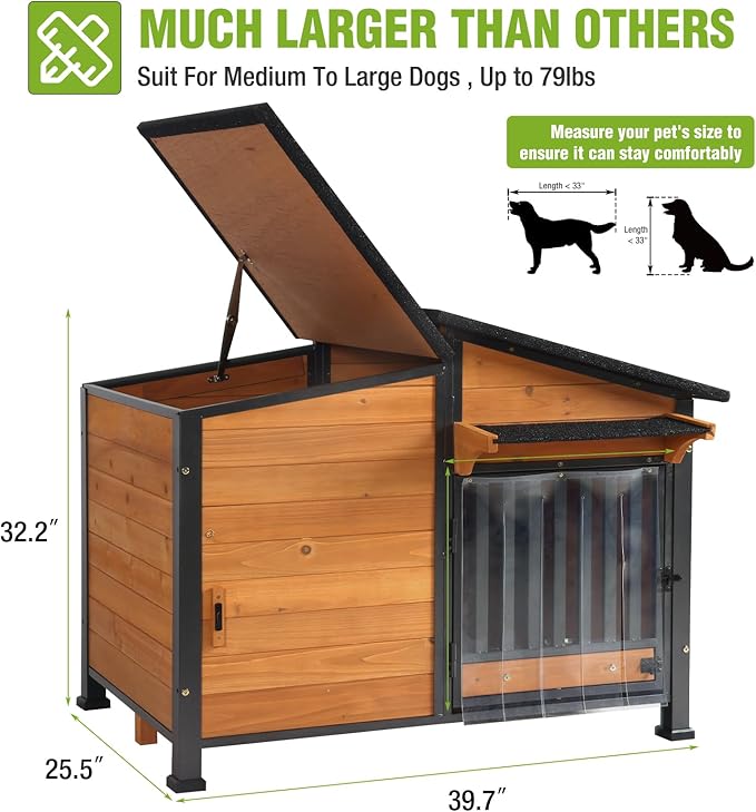 GUTINNEEN Dog House Outdoor Dog Kennel with Chew-Proof Metal Frame, Rotating Food Bowl, PVC Door Curtain, Weatherproof for Small Medium Dogs, 39.7" L x 25.5" W x 32.2" H (Dark Brown)