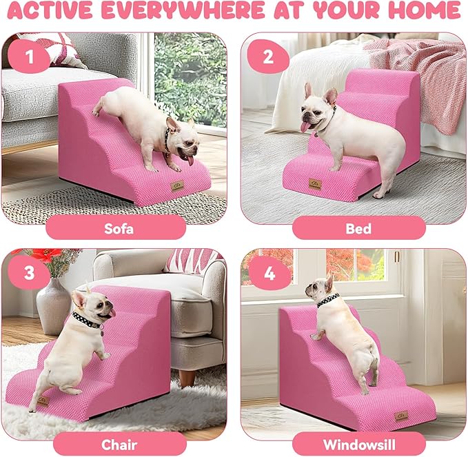 Dog Ramp and Stair for Bed 16" H-20 H,3-Step Cat Stair for Sofa and Chair,4-Step Dog Ramp for High Bed and Window,Durable Nonslip Fabric Cover for Indoor (Pink-20 H, Pet Friendly, 4)
