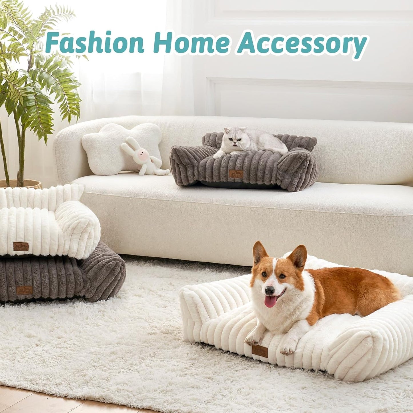 Cute Cat Couch, Premium Plush Faux Fur Pet Couch Bed, Ultra-Soft Pet Furniture for Cats & Small Dogs (Cream, M: 31.5''x23.5'')