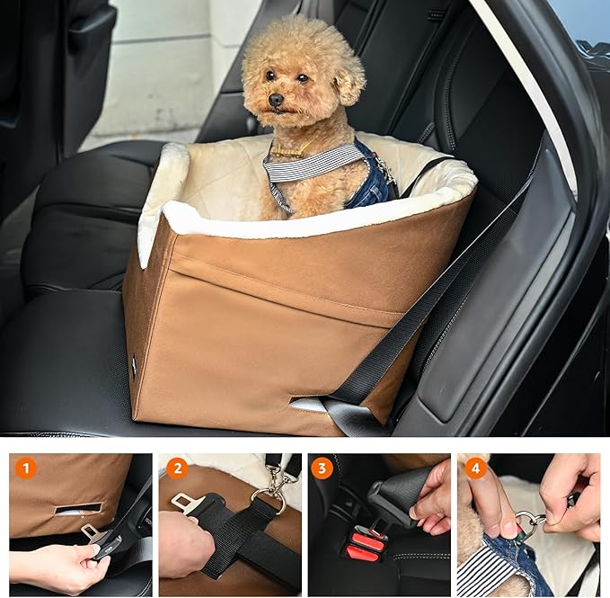 Amazon Basics Pet Car Booster Bucket Seat for Small Pets up to 25lbs, Machine Washable Cover, Clip-On Safety Leash, 18" x 18" x 16", Tan