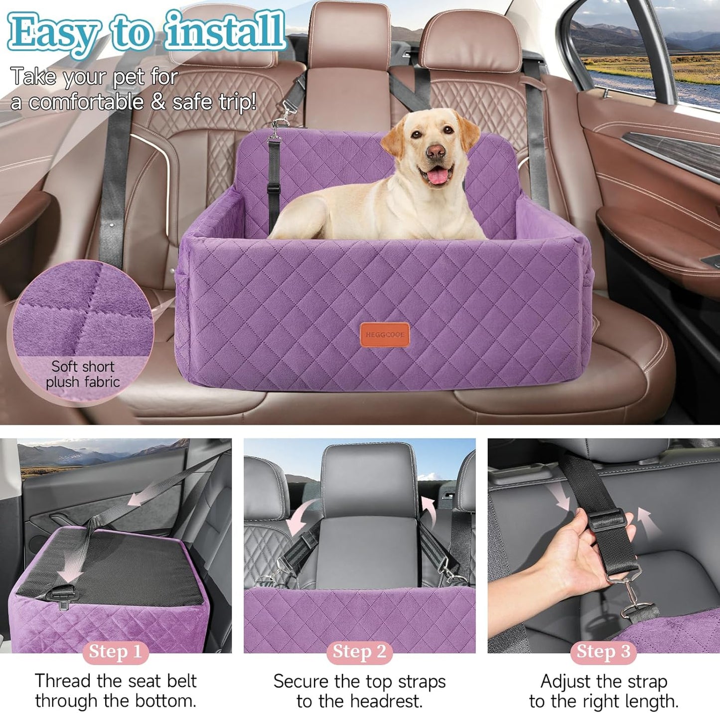 Dog Car Seat for Medium/Large Dogs, Pet Booster Seat for Under 55 lbs or 2 Small Dogs, Detachable & Washable Dog Car Bed for Backseat with 2 Safety Leashes (Purple)