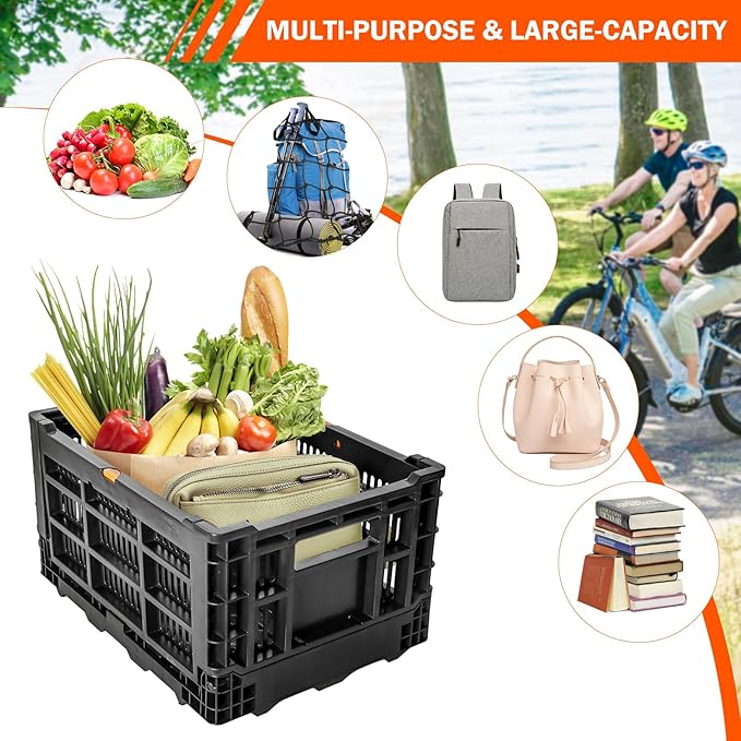 Rear Bike Basket, Foldable Rear Rack Bicycle Basket with Mesh Pocket Waterproof Cover Reflective Strip for Adult Bikes Easy to Assemble and Carry for Pets Fruit