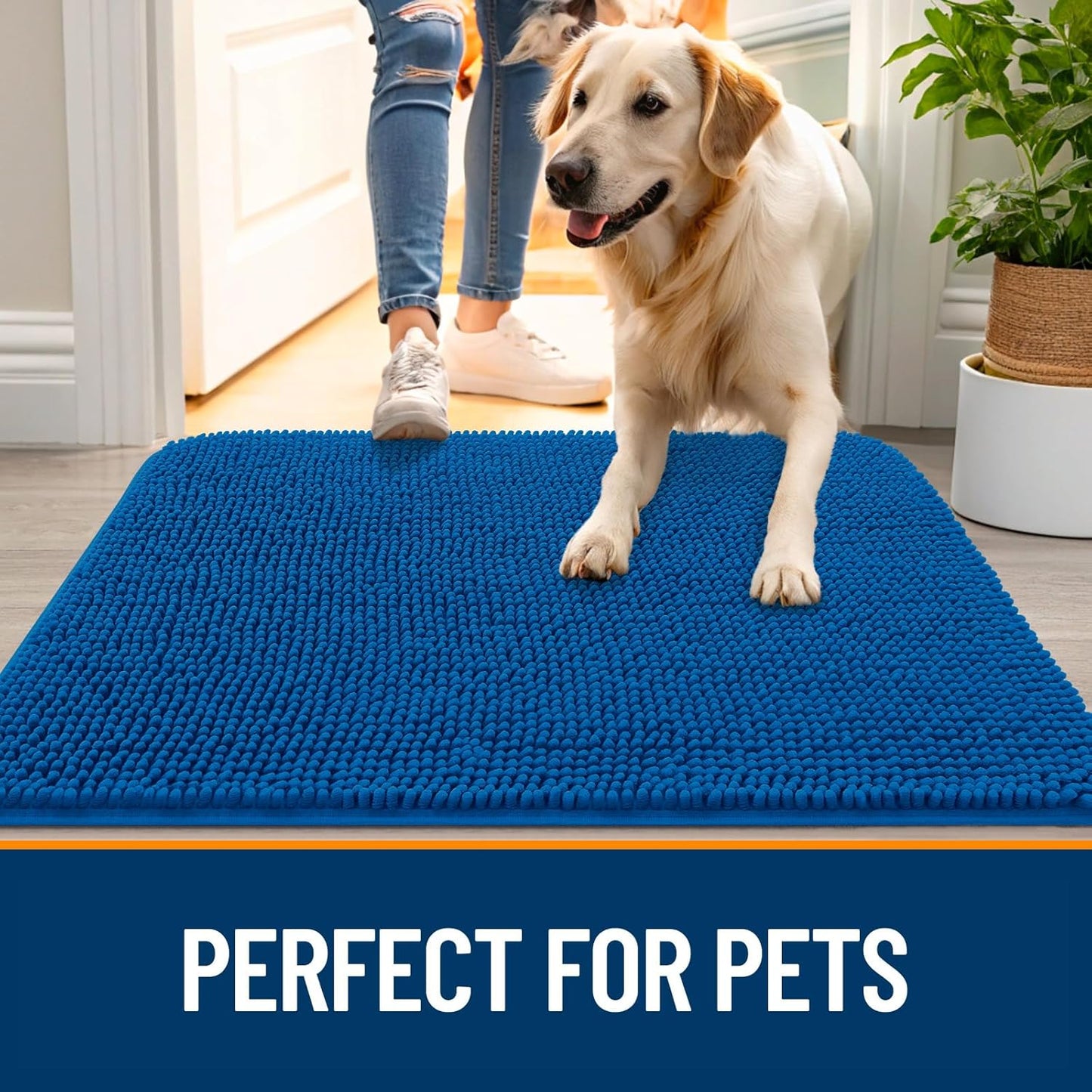 OLANLY Dog Door Mat for Muddy Paws 36x24, Absorbs Moisture and Dirt, Absorbent Non-Slip Washable Doormat, Quick Dry Chenille Mud Mat, Entry Indoor Entryway Carpet for Inside Floor, Deep Navy Blue