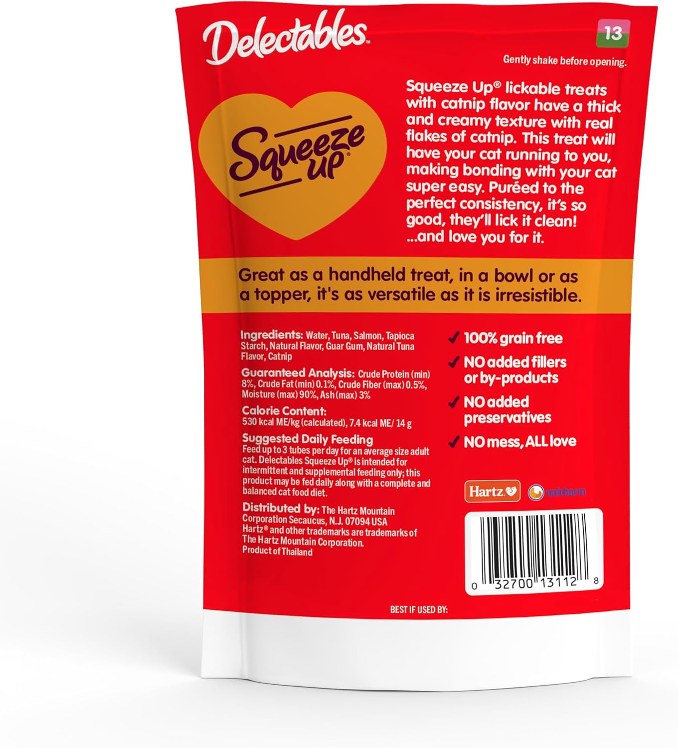 Delectables Squeeze Up Creamy Squeezable Puree, Lickable Wet Cat Treats, Grain Free, No Added Fillers, No By-Products, No Added Preservatives, 0.5 Ounces Tube Tuna & Salmon with Catnip, 32 Tubes Total