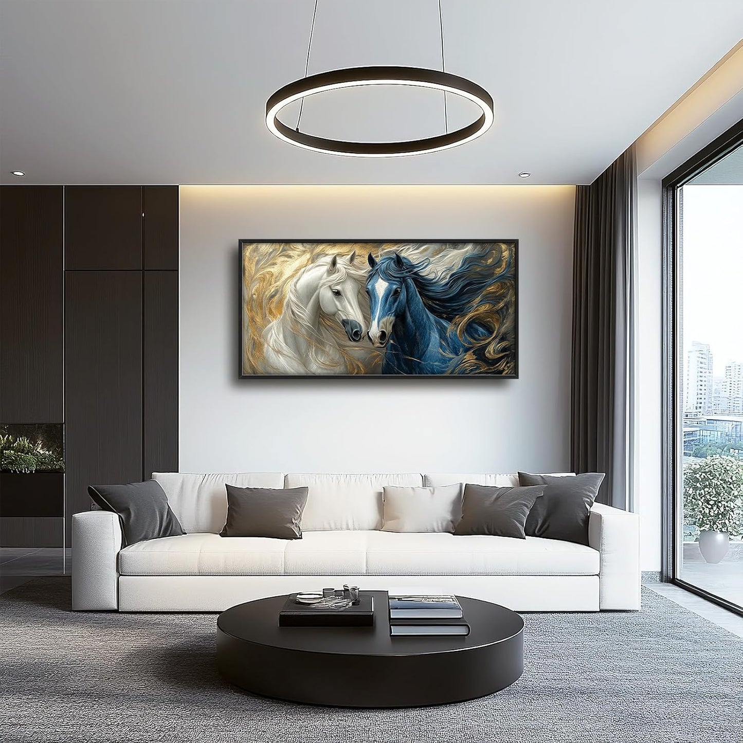 Framed Large Horse Wall Art for Living Room, Oversized Abstract Horses Wall Decor Blue and Golden Canvas Painting Animal Pictures Modern Artwork for Living Room Bedroom Office 60"x30"