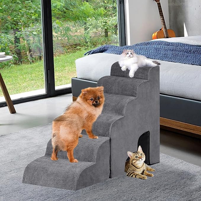 6 Step Dog Stairs&Steps 29 Inches Tall Up to 29-32 Inches High Bed, Dog Ramp Cat Stairs Pet Ladder for Small Medium Dogs, Doggie, Old Cats, Kitty, Grey