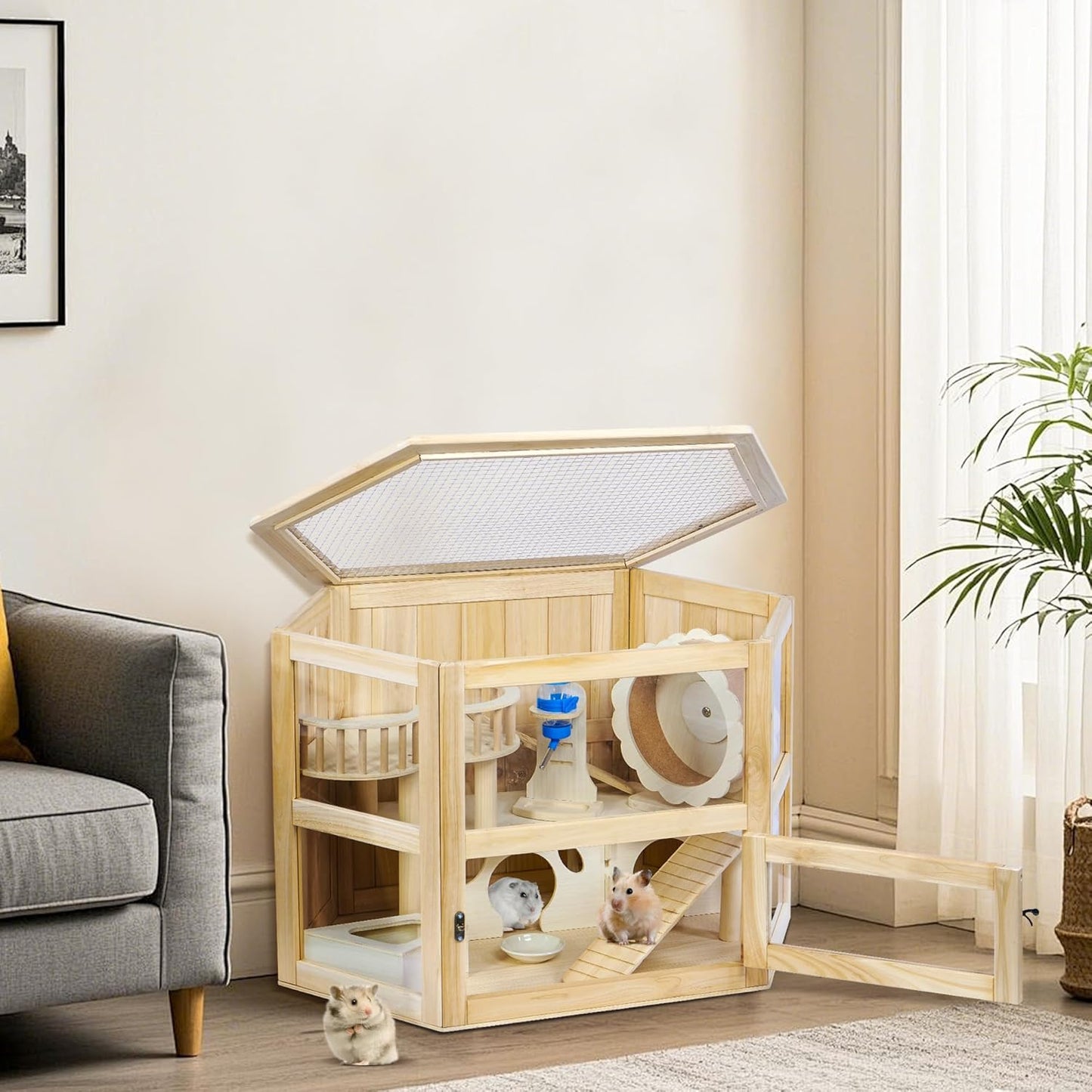 Wooden Hamster Cage 3 Tier Small Animal Cage,Large Syrian Hamster House with Openable Top and Acrylic Sheets 11-Piece Set (30" L x 20" W x 20" H)