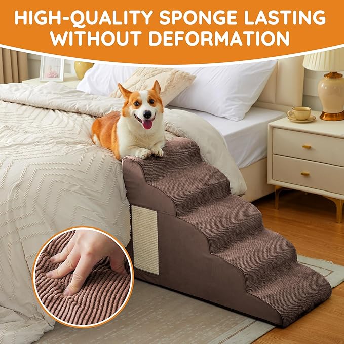 Dogs Steps for Bed, Dog Stairs for Small Dogs, 4-Step Dog Ramp for Bed, Couch, Sofa, and Chairs, Non-Slip Bottom Design, Cat Scratching, High Density Foam Portable Pet Step, Indoor, Coffee