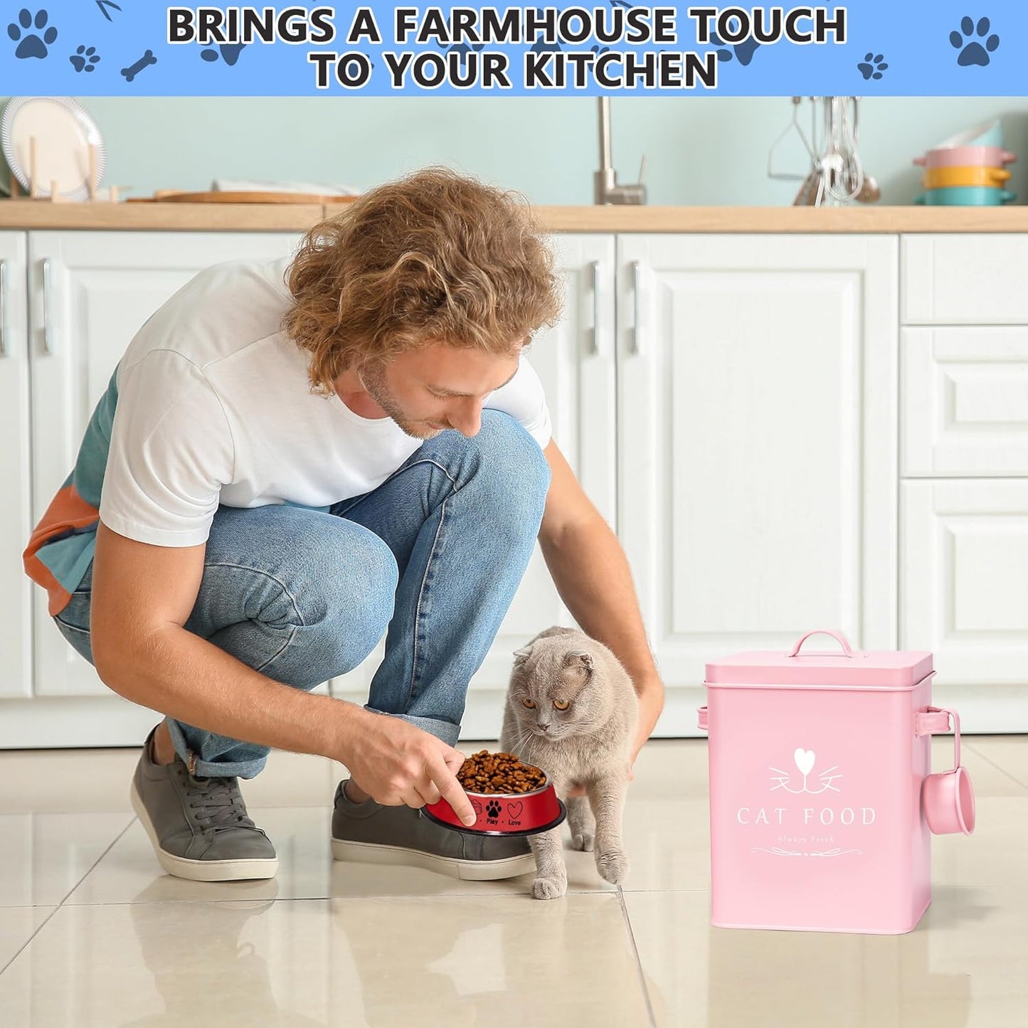 Meraki Home Cat Food Container and Treat Container - Tight Lids - Feed Scoop and Pet Food Bowl - Farmhouse Metal Storage Bin - Great Gift for Small Pets - Matte Pink