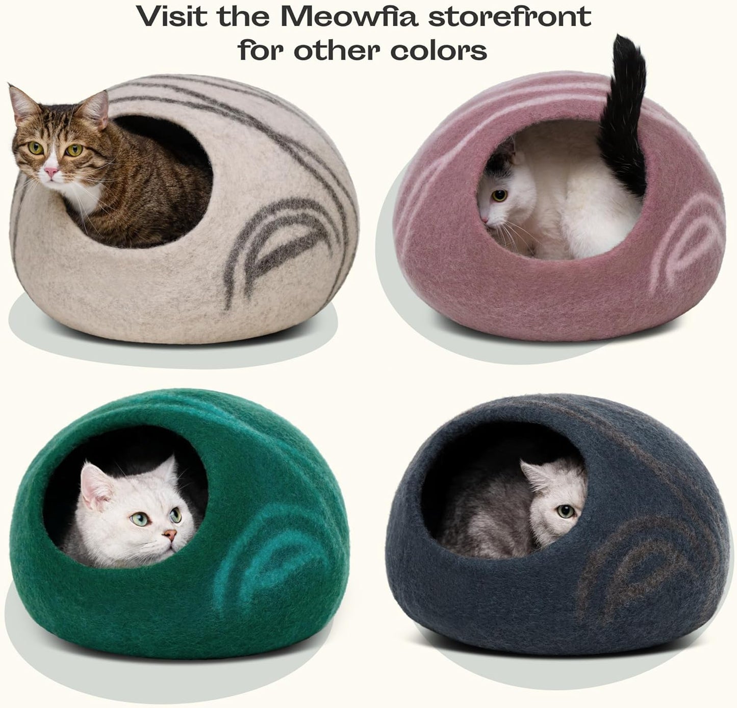 MEOWFIA Cat Cave – Premium Felt Cat Bed for Indoor Cats, Handmade 100% Merino Wool (Large, Ivory Rainbow)