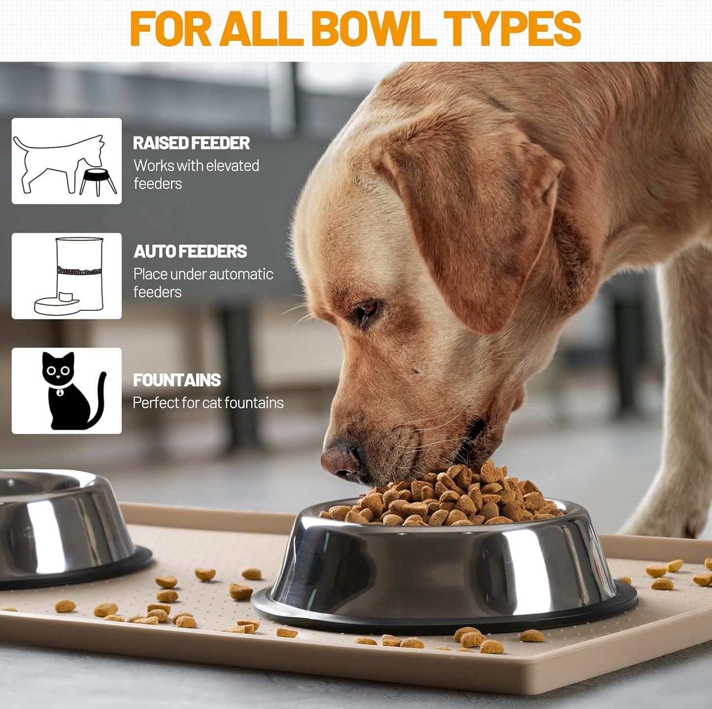 Hubulk Dog Feeding Mat,100% Waterproof Food Grade Silicone Pet Food and Water Bowl Placemat,Dishwasher, High Raised Edge to Prevent Spills,Nonslip Tray to Stop Messes on Floor(19"x12"x0.5", Taupe)