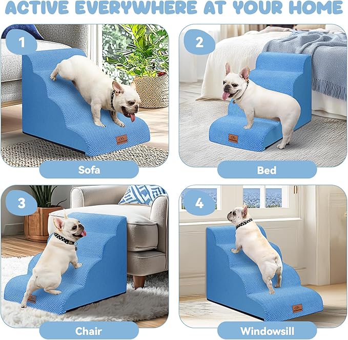 Dog Ramp and Stair for Bed 16" H-20 H,3-Step Cat Stair for Sofa and Chair,4-Step Dog Ramp for High Bed and Window,Durable Nonslip Fabric Cover for Indoor (Blue-20โH, Pet Friendly, 4)