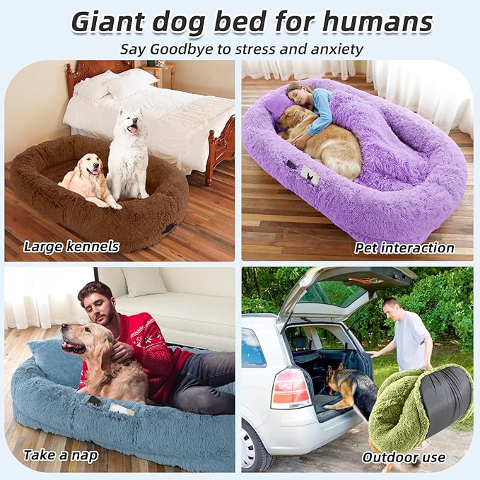 Human Dog Bed, Brown, 71''x45''x12'' Size Fits You and Pets, Washable Faux Fur Pet Bed for People Doze Off, Napping Orthopedic Dog Bed, Present Plump Pillow, Blanket, Strap