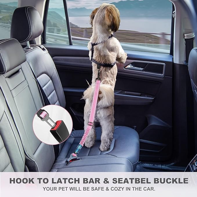 IOKHEIRA Dog Seat Belt 3-in-1 Car Harness for Dogs Adjustable Safety Seatbelt for Car Nylon Reflective Bungee Fabric Dog Car Harness with Clip Hook Latch & Buckle, Swivel Zinc Alloy Carabiner (Pink)