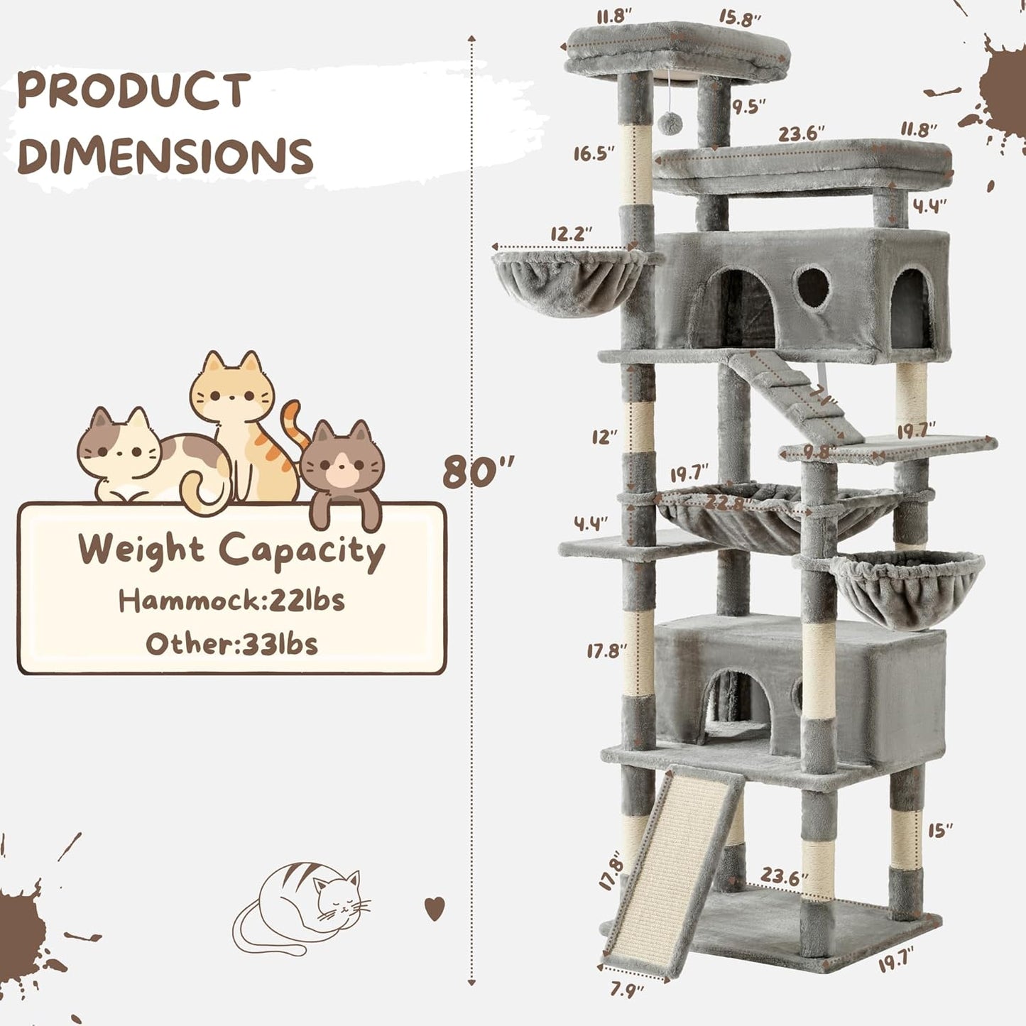Cat Tree, 80-Inch Large Cat Tower with 9 Scratching Posts, 2 Perches, 2 Caves, 2 Basket, 2 Stairs, Extra Large Hammock, Pompoms, Multi-Level Plush Cat Condo for Indoor Cats/Light Grey