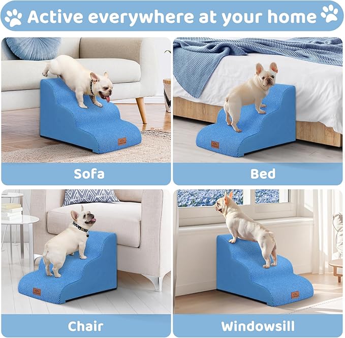 Dog Ramp and Stair for Bed 16" H-20 H,3-Step Cat Stair for Sofa and Chair,4-Step Dog Ramp for High Bed and Window,Durable Nonslip Fabric Cover for Indoor (Blue-16โH, Pet Friendly, 3)