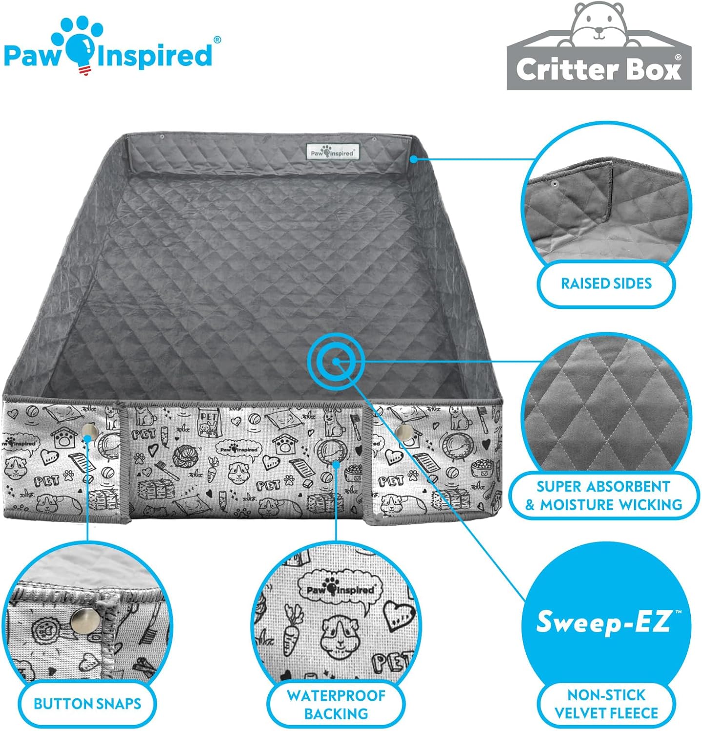 Paw Inspired Critter Box | Washable Guinea Pig Cage Liners with Raised Sides | Fleece Bedding for Guinea Pigs Rabbits, Hamsters, Small Animals | Edge Protected Pee Pads (C&C 2x4)