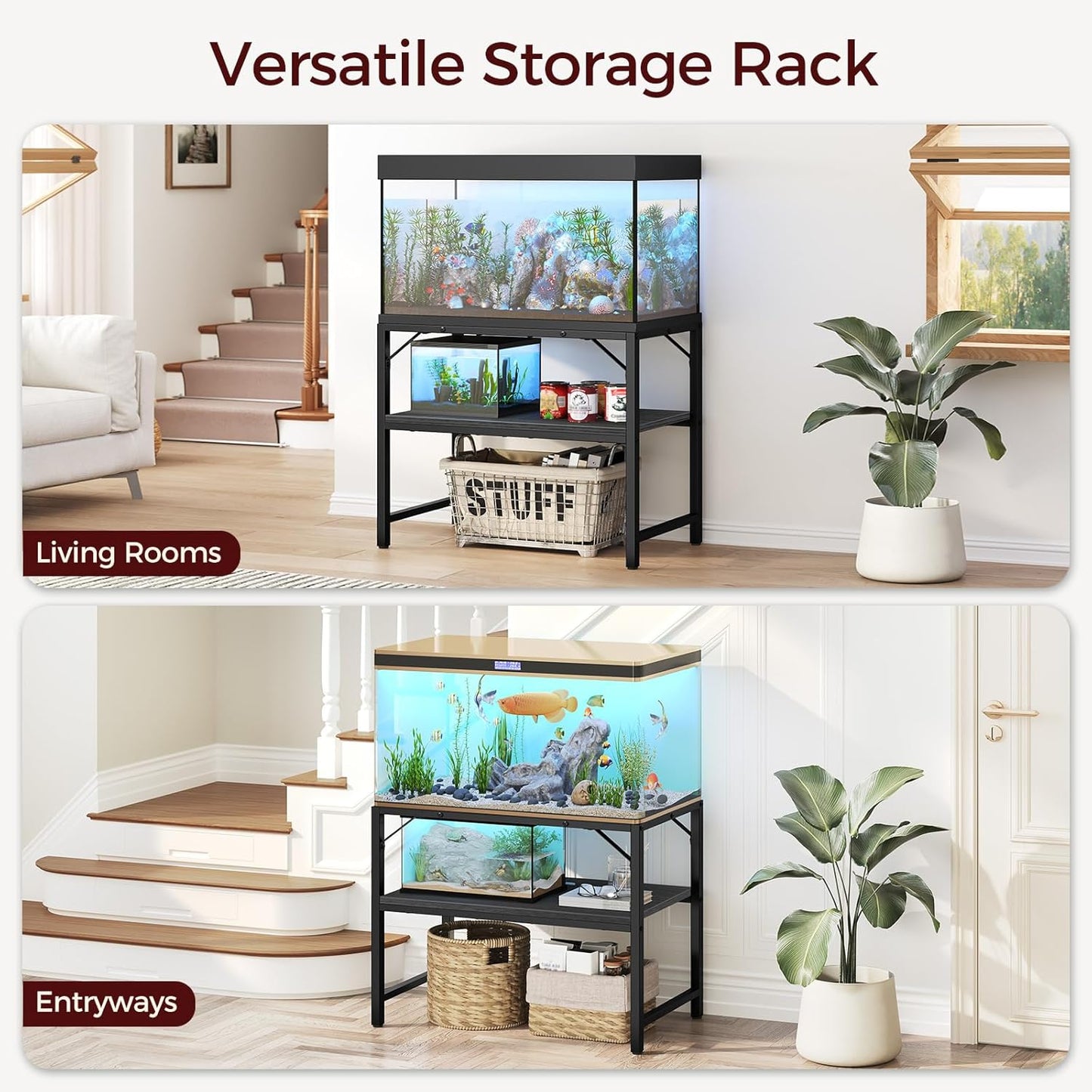 40-50 Gallon Fish Tank Stand, Aquarium Stand with 2-Tier Storage Shelves, Heavy Duty Breeder Turtle Terrarium Stand Rack for Home Office, 36.2" L x 18.9" W x 24.4" H, Black FTBK4001