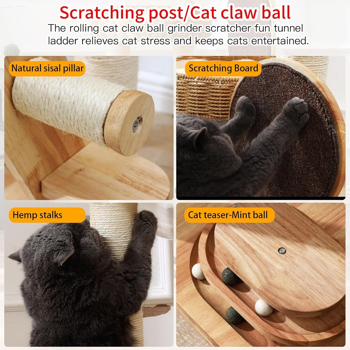 Solid Wood Cat Tree, 50 Inch Modern Cat Tower with Space Capsule, Hand-Woven Basket Nest, Sisal Posts & Scratching Board, Heavy-Duty Multi-Level Indoor Tower