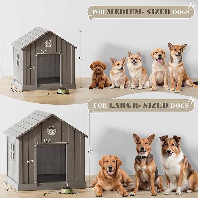 Large Dog House Outdoor Indoor for Medium Large Dogs, Durable Plastic Waterproof Doghouse with Air Vents and Elevated Floor, Easy Clean and Assemble (Grey, 31" L x 33.3" W x 33.5" H)