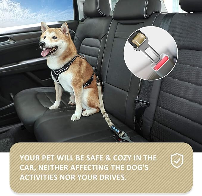 IOKHEIRA Dog Seat Belt 3-in-1 Car Harness for Dogs Adjustable Safety Seatbelt for Car Durable Nylon Reflective Bungee Fabric Tether with Clip Hook Latch & Buckle, Swivel Zinc Alloy Carabiner Green