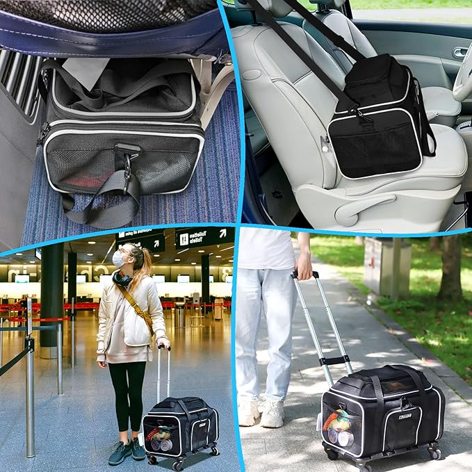 Petskd Top-Expandable Pet Carrier with Wheels 18x11x11 Inches Delta American United Airline Approved, Soft-Sided Carrier for Small Cats Dogs with Locking Safety Zippers and Anti-Scratch Mesh(Black)