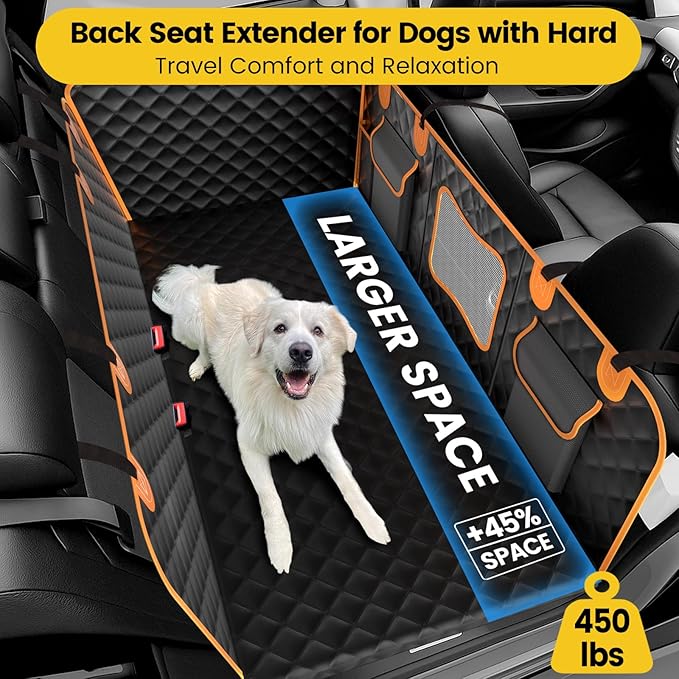Back Seat Extender for Dogs - Holds 450lbs, Waterproof Dog Car Seat Cover for Back Seat with Hard Bottom for Cars SUVs Truck,Anti-Scratch No Slip Large Space Pet Backseat Protector,Black Orange