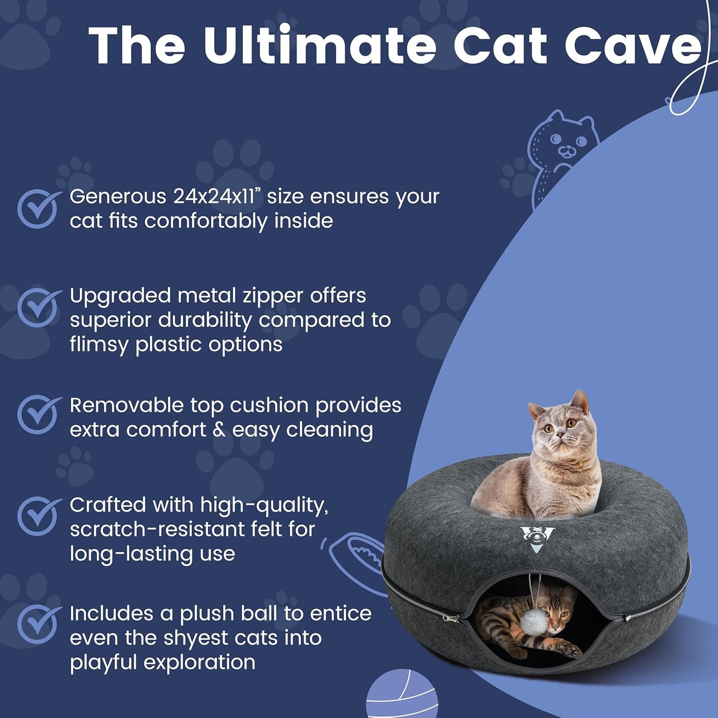 Premium Large Size 24 Inch Cat Tunnel Bed - With Upgraded Metal Zipper - Detachable Round Design - Washable - and Scratch Resistant - Includes 3 Toys and Removable Cushion