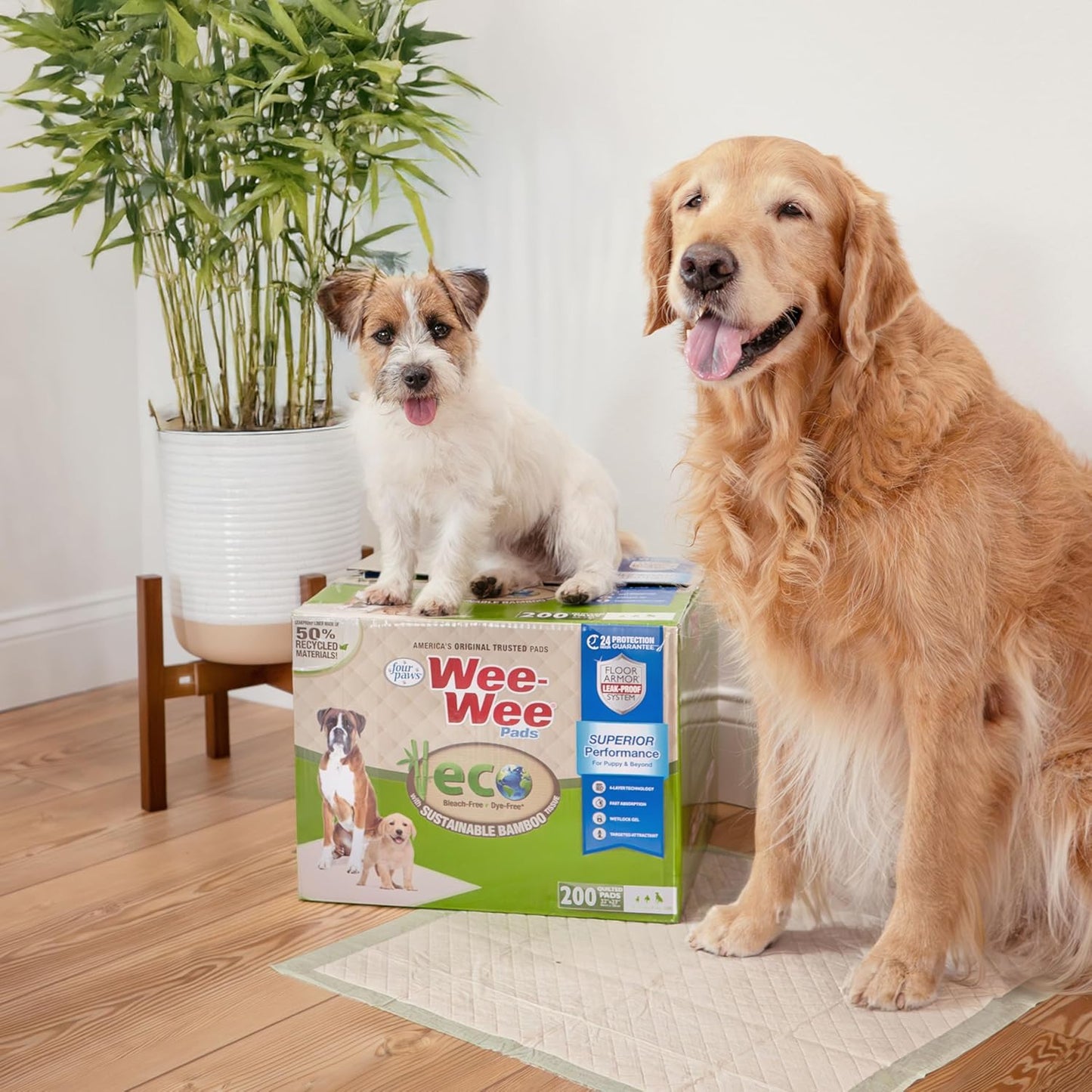 Four Paws Wee-Wee Superior Performance Bamboo Pee Pads for Dogs, Earth Friendly Dog & Puppy Potty Training Pads, Crate Liners, Housebreaking Supplies, 22" x 23" (200 Count)