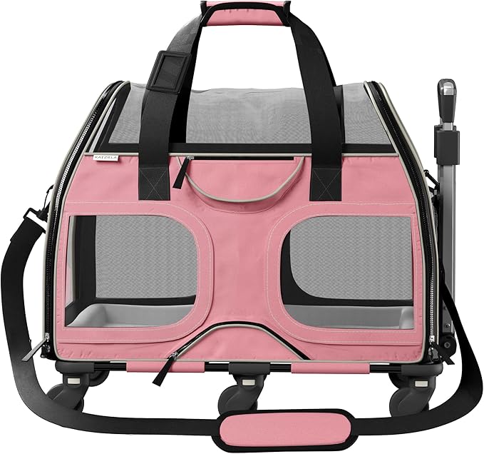Katziela Pet Carrier - Airline Compliant Dog Carrier - TSA Approved Pet Carrier for Small Dogs and Cats - Soft FAA Travel Airplane Dog Carrier Luggage (Pink/White-6 Wheels)