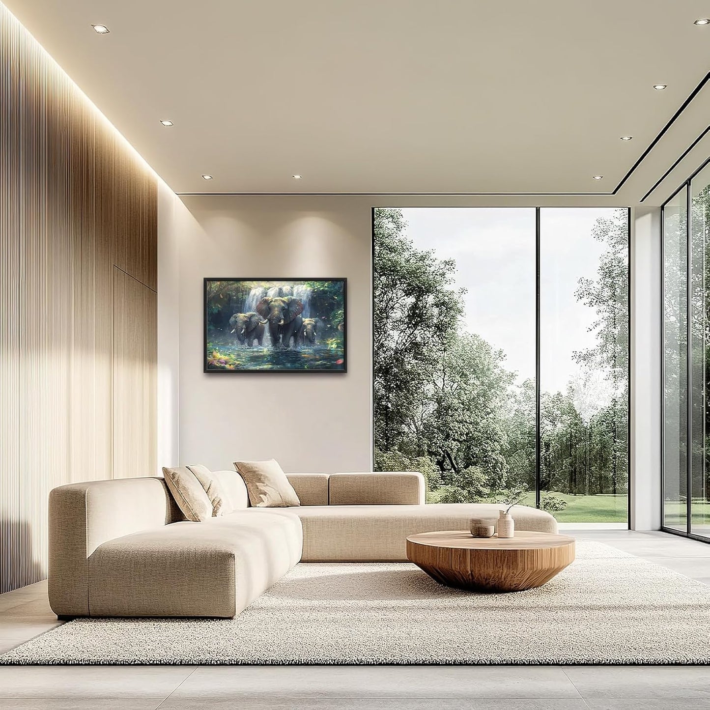 Large Elephant Wall Art for Living Room, Framed Oversized Forest Waterfall Wall Decor, Nature Landscape Canvas Painting Wildlife Artwork for Living Room Dining Room Bathroom Bedroom Office 36"x24"