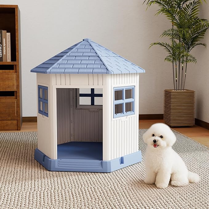 DRATO Dog House Indoor Outdoor Durable Large Dog Shelter with Outside Dog Kennel with Window and Elevated Floor for Small Medium Dogs (Blue, 34.8 * 30.51 * 36.89)