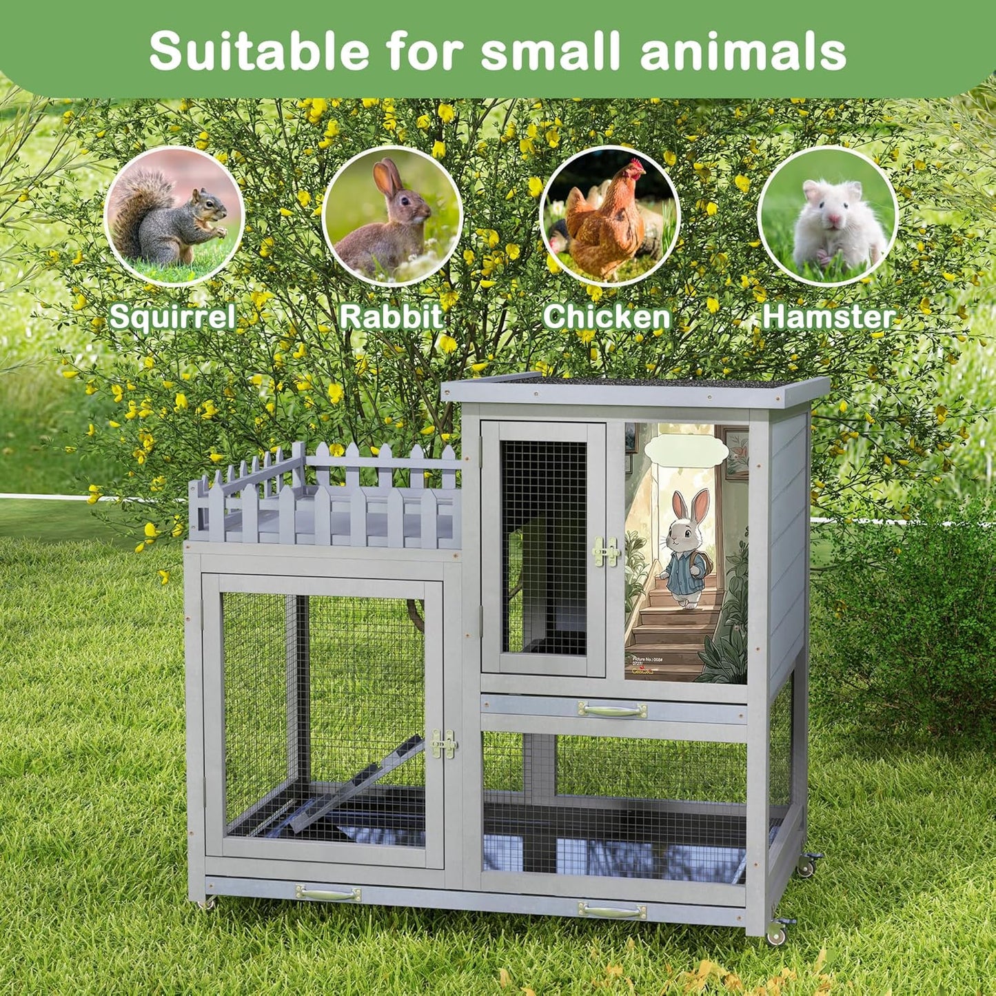COZIWOW Double Layers Durable 38In Rabbit Hutch Indoor on Wheels, Small Animal Houses Habitat, Rolling Large Bunny Cage Outdoor with Removable Tray, Ramp, Two Story Bunny Cage(Grey with Pattern)