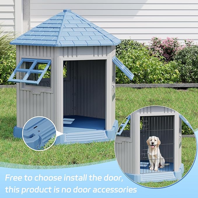 Durable Dog House Indoor Outdoor for Small Medium Dogs, Weatherproof Puppy Shelter with Elevated Floor & Air Vents, Easy Clean and Assemble (Blue, 36.61L*29.5W*37.4H)