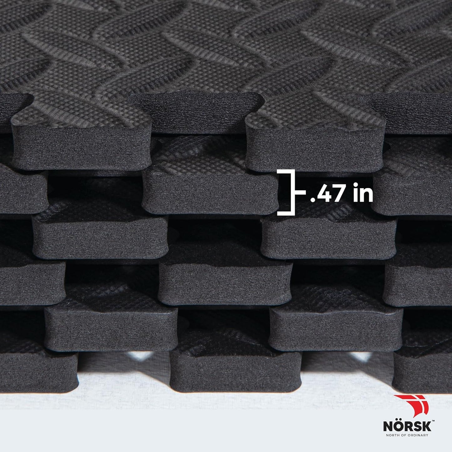 Norsk Foam Floor Gym Mats with Interlocking Tiles, .47" Thick, 24"x24", 18-Pack, 72 Square Feet, Diamond Plate Design, Black