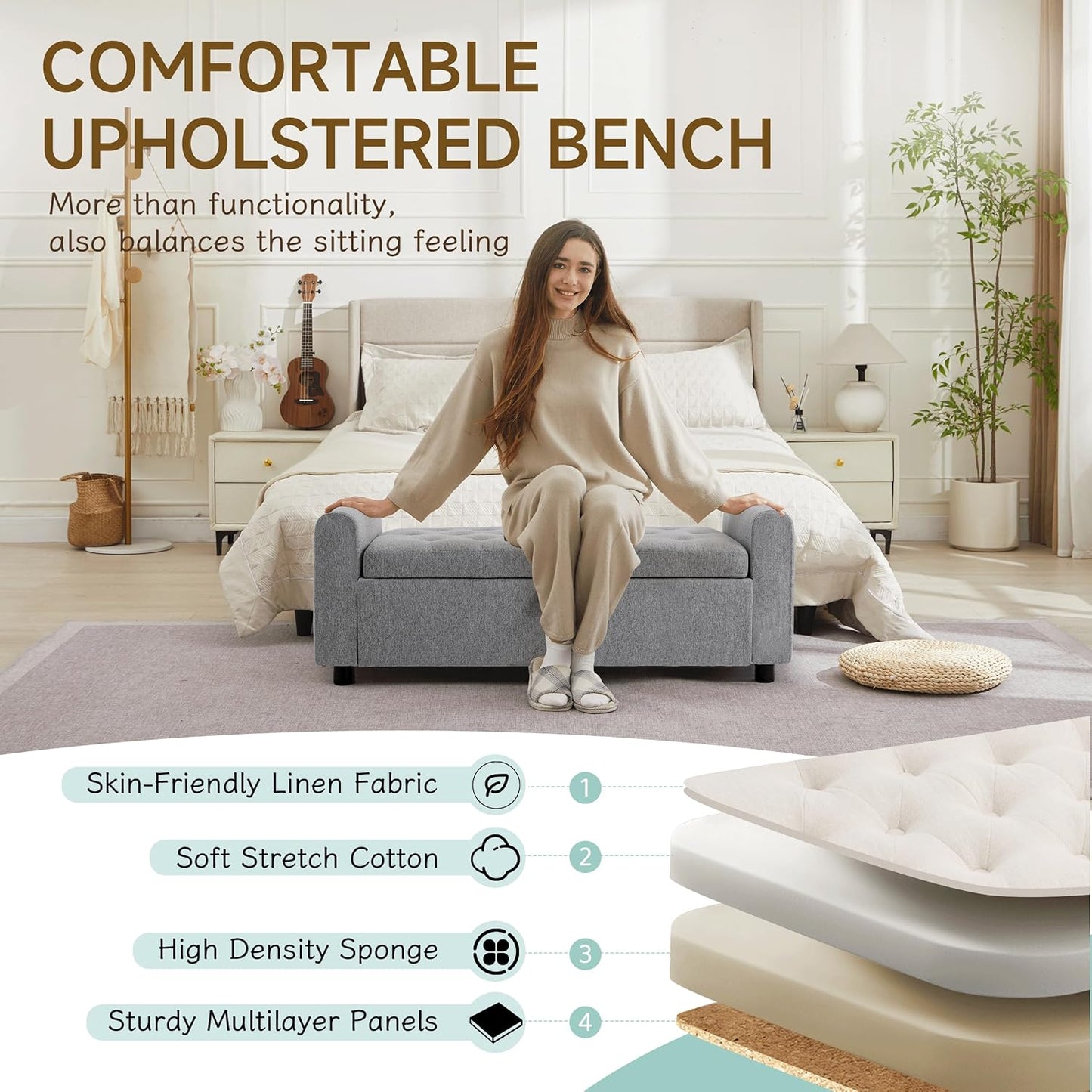 Ottoman with Storage, Tufted Storage Bench for Bedroom, 48" Fabrics End of Bed Bench, Upholstered Entryway Shoe Benches with Rolled Arm & Inner Zipper, Window Ottomans Chest without Rivets, Dark Grey